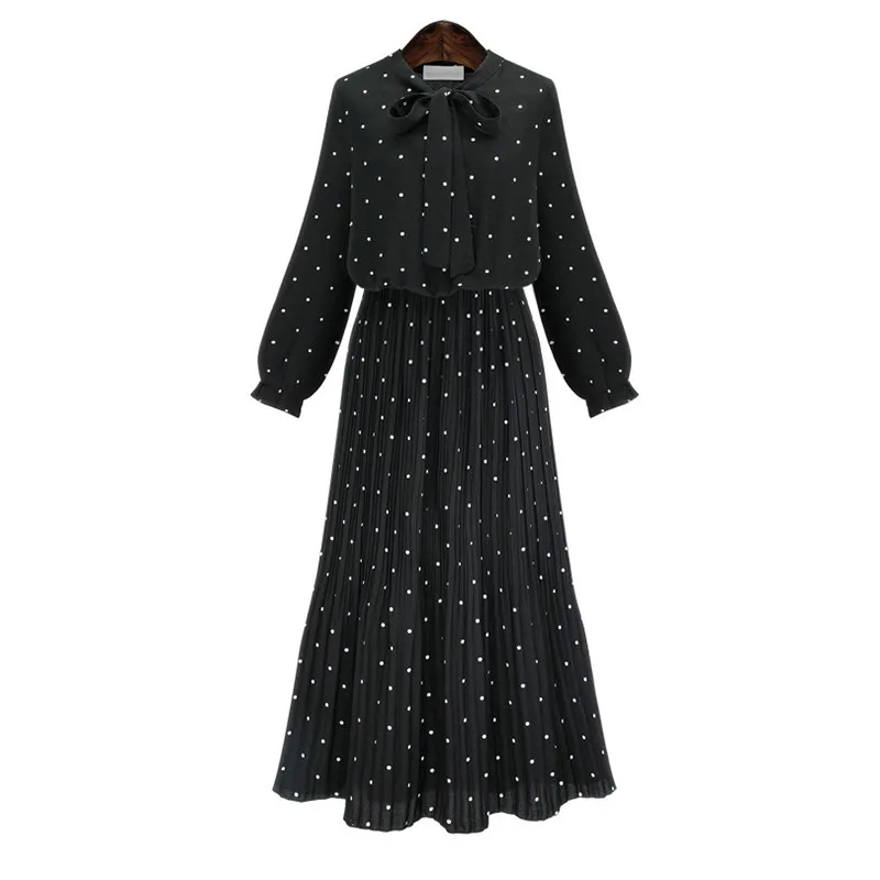 

iMucci 2020 New Spring Round Neck Long Sleeve Solid Black Chiffon Dot Loose Big Size Dress Women Fashion Tide TM1804
