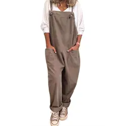 Macacão feminino casual cor sólida sem mangas com bolsos calças compridas alça macacão sobretudo
