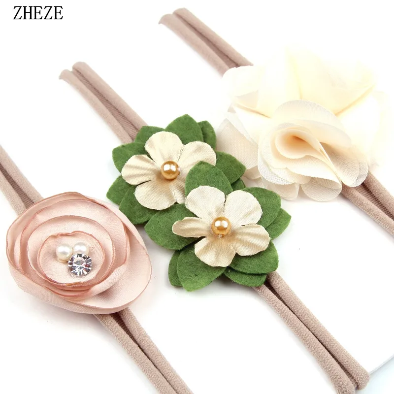 3Pcs/Set Soft Nylon Headband With Chiffon Pearl Flower Hair Accessories For Kids Newborn Girls Children Headwear 3pcs newborn baby headband for girls elastic knit children turban baby bows soft nylon kids headwear hair accessories 72colors