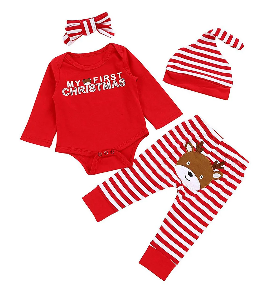 Рождественская одежда комбинезон с буквенным принтом для новорожденных мальчиков и девочек, комплекты с повязкой на голову, Рождественский костюм для новорожденных, костюм из 4 предметов, 0 мес.-18 месяцев
