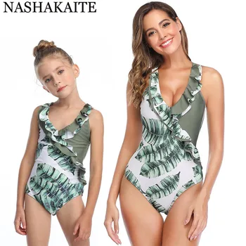 

NASHAKAITE 2020 Mom and daughter swimsuit Deep V-neck Leaf Sexy Swimwear Summer Beach Swimming suit Mother daughter swimwear
