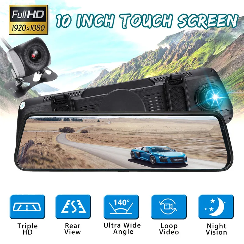 

10" Touch Screen Car DVR Dash camera Lens 1080P Auto Camera Video Recorder Front and rear FHD gravity sensing Rearview mirror