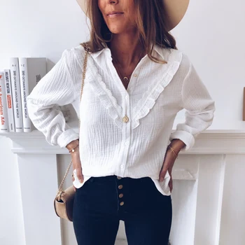 

Elegant New Ruffle V Neck blouse shirts Office Lady Autumn Lapel Pure White Blouses Women Casual long sleeve tops Blusa