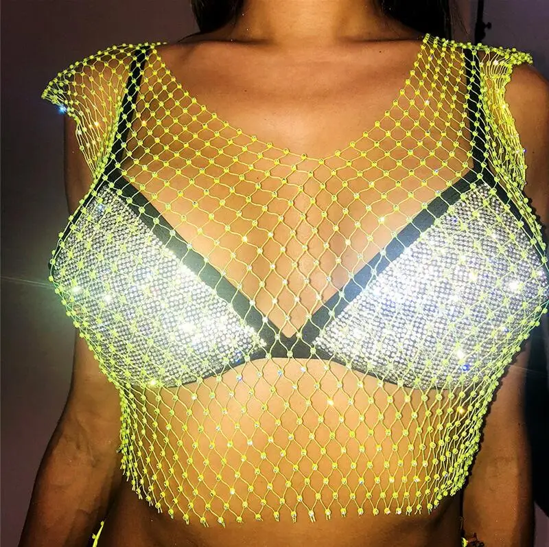 Fluorescent green V Фестиваль сексуальные блестящие бриллианты сетки обрезанный топ на бретелях женская летняя накидка бикини Прозрачная сетка со стразами вечерние Клубные кроп Топ - Цвет: Fluorescent green V
