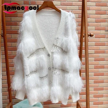

Tpmaccool 2020 luxury designer women oversized Knitted Cardigan New Style Tassled beaded HIGH END Loose knitted Sweater coat OS