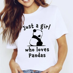 Camiseta con estampado de dibujos animados para mujer, ropa informal de manga corta con estampado de Panda y Chica, ropa para mujer