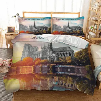 

3D printed bedding sets white background Notre Dame de Paris printing bedding sets for boys and girls