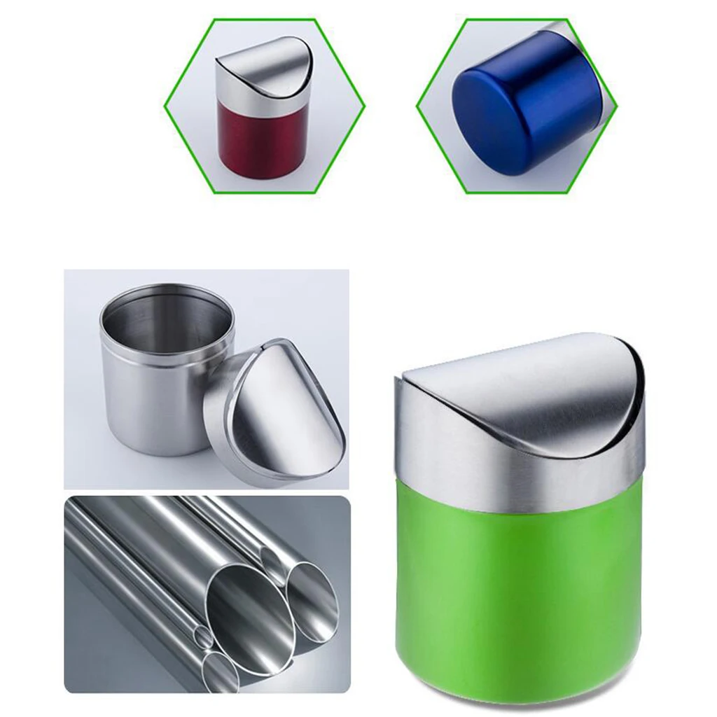 Silver/Red/Green/Pink/Blue 16.5 cm Height Stainless Steel Trash Bin Garbage Can Wastebasket with Cover Creative Tool