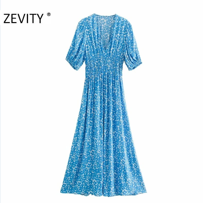 Zevity NEW women elegant v neck flower print elastic waist midi dress lady puff sleeve buckles vestido chic party dresses DS4223 Zevity NEW women elegant v neck flower print elastic waist midi dress lady puff sleeve buckles vestido chic party dresses DS4223