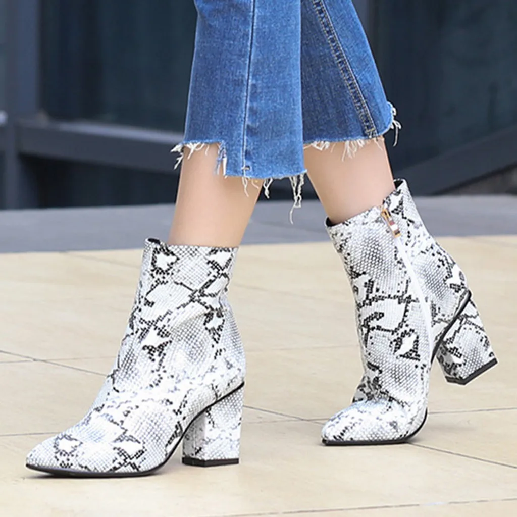 

Women Shoes Boots 2019 Retro Leopard Printed Pointed Toe High Square Heels Booties Shoes PU Leather Autumn Winter Boots Mujer