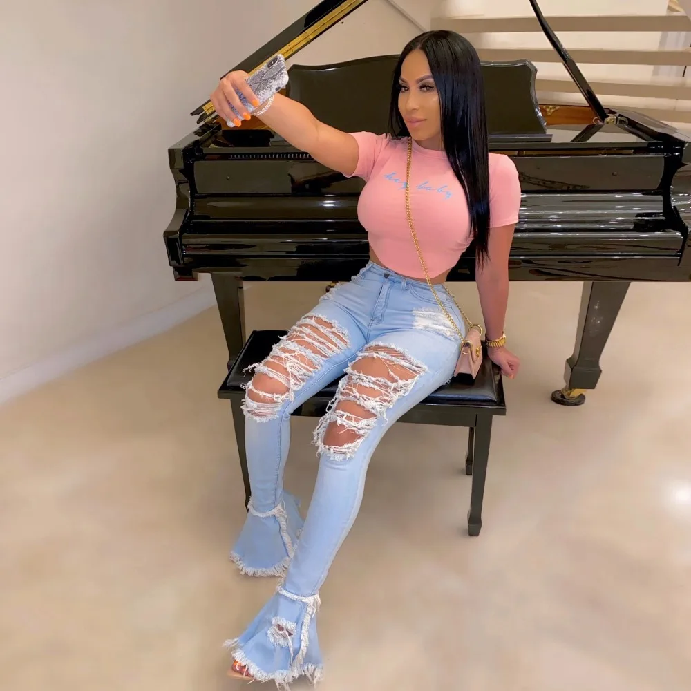2020 Summer Denim Pants Women Retro Solid Sexy Hole Jeans Ripped Flare Trousers Street Skinny High Waist Lady Pants (5)