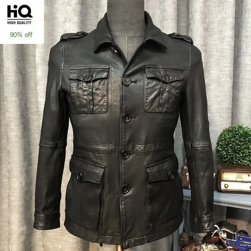 

High Quality Mens Medium Length Genuine Leather Cowhide Jackets Fashion Single Breasted Pockets Moto Biker Plus Size Male Coats