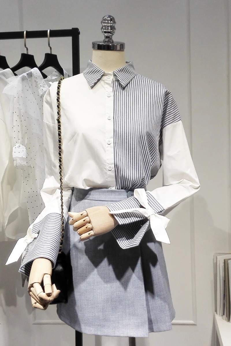 Designer Special Shirt Striped Color Block Blouse Long Sleeve Top Women Shirt Irregular Length Tie Chemise Femme Blusa Mujer