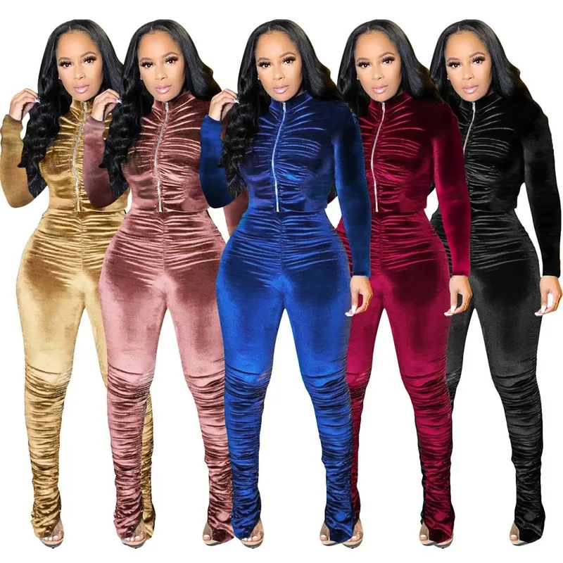 FIXSYS Hot Onsale Ladies 2021 Winter Zipper Thick Fashion Outfits Womens Stacked Pants Two Piece Set Women Clothing |