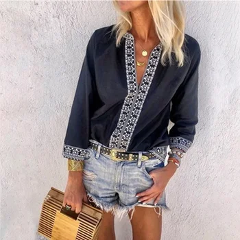 

Women's Vintage Print Patchwork Blouse V-Neck Slim Long Sleeve Female Blouses Plus Size 5XL Top 2020 Summer Woman Casual Clothes