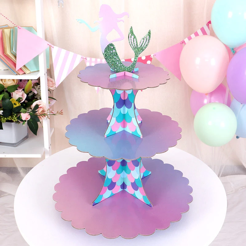 Disposable Cake Stand Three Layer Snack Stand Tray Mermaid Unicorn Birthday Decoration Pastry Table Layout Party Supplies Disposable Party Tableware Aliexpress