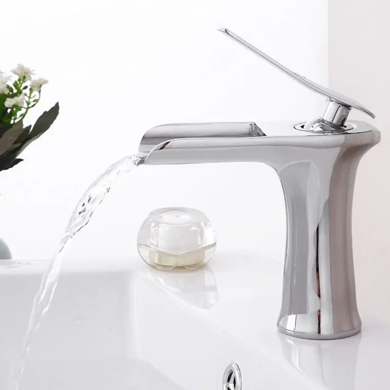 

All Copper Square Bathroom Basin Faucet Creative Basin Hot and Cold Water Mixed Waterfall Single Handle Washbasin Faucet