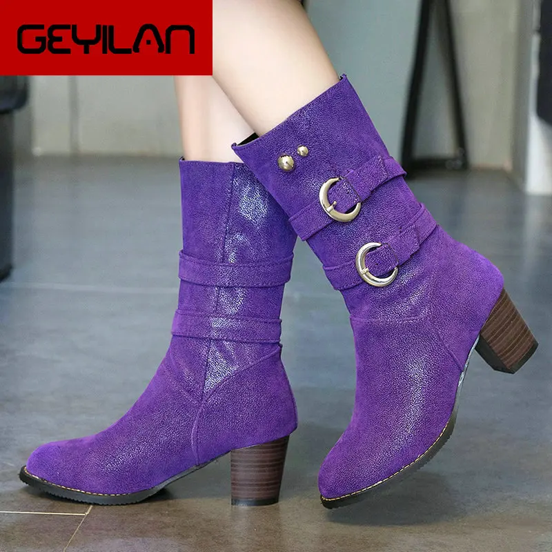 

Fashion Mid-Calf Boots Women Comfort Square High Heels Western Cowboy Boots Slip On Autumn Winter Ladies Boots Shoes 2019