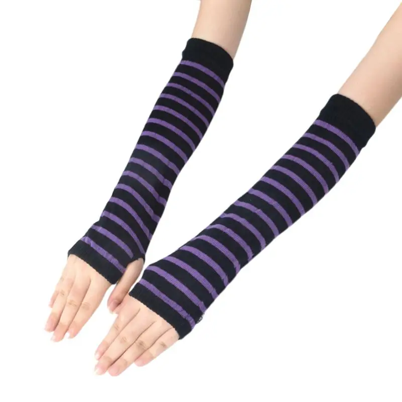 13 Женские вязаные длинные перчатки без пальцев с принтом в полоску выше локтя, зимние эластичные теплые Рукава с отверстием для большого пальца - Цвет: 13