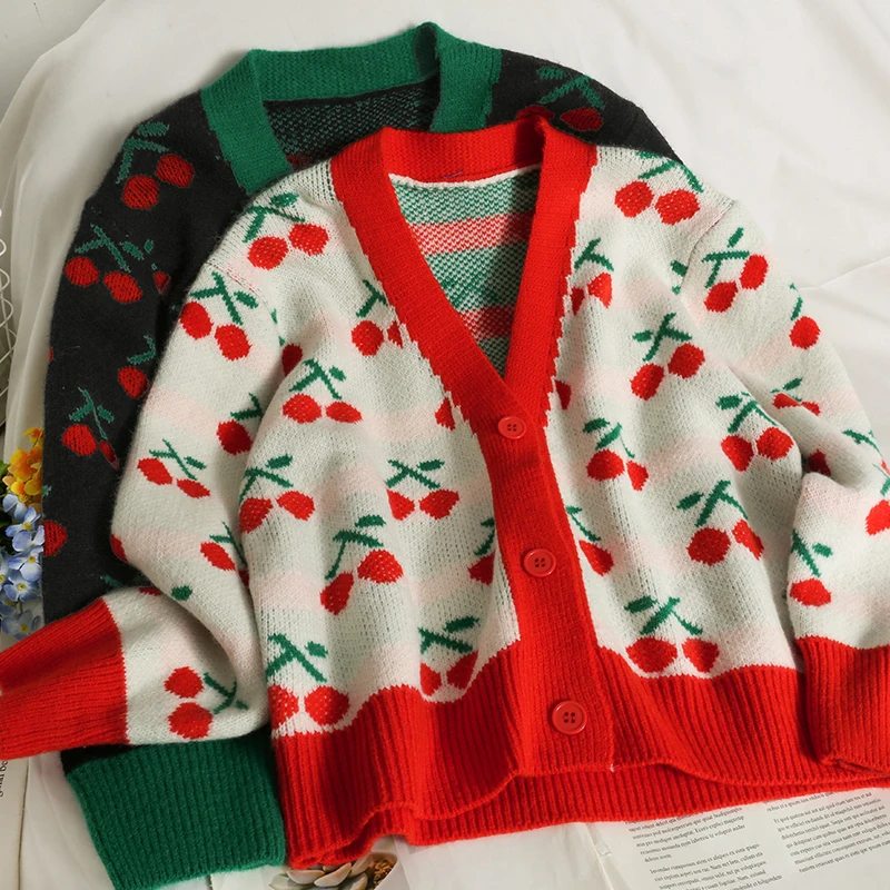 Sueters De Mujer Contrast Retro V Neck Cherry Knitted Cardigan Crop Fashion Print Long Sleeve Sweater Fall Women Clothing Sweet |