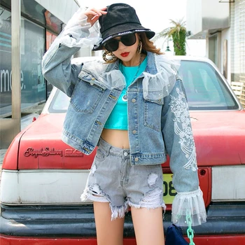 

Denim jacket female 2020 spring and autumn new Korean version of heavy industry lace embroidery net red loose short denim jacket