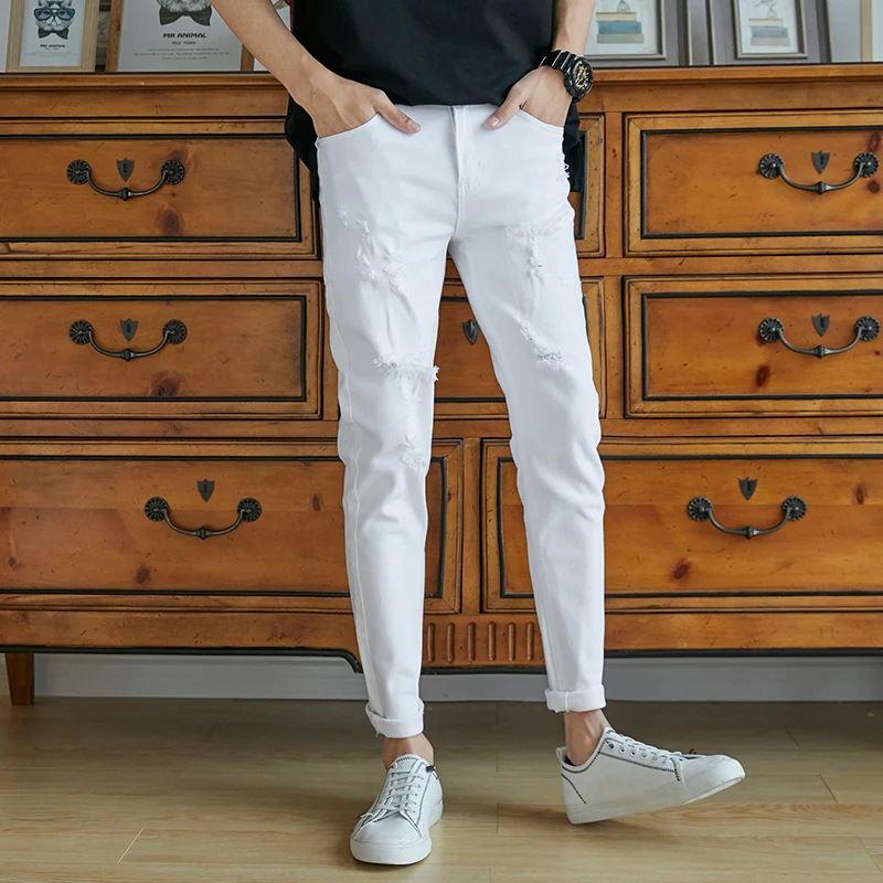 Pure cotton Men White Jeans Fashion Casual Classic Style Slim Fit Soft Trousers Male Brand Advanced Stretch Pants biker jeans