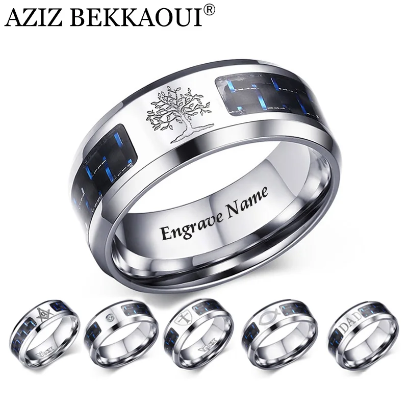 

AZIZ BEKKAOUI Personalize Carbon Fiber Ring For Man Engrave Name Tree Of Life Stainless Steel Ring Male Customize Jewelry Gift
