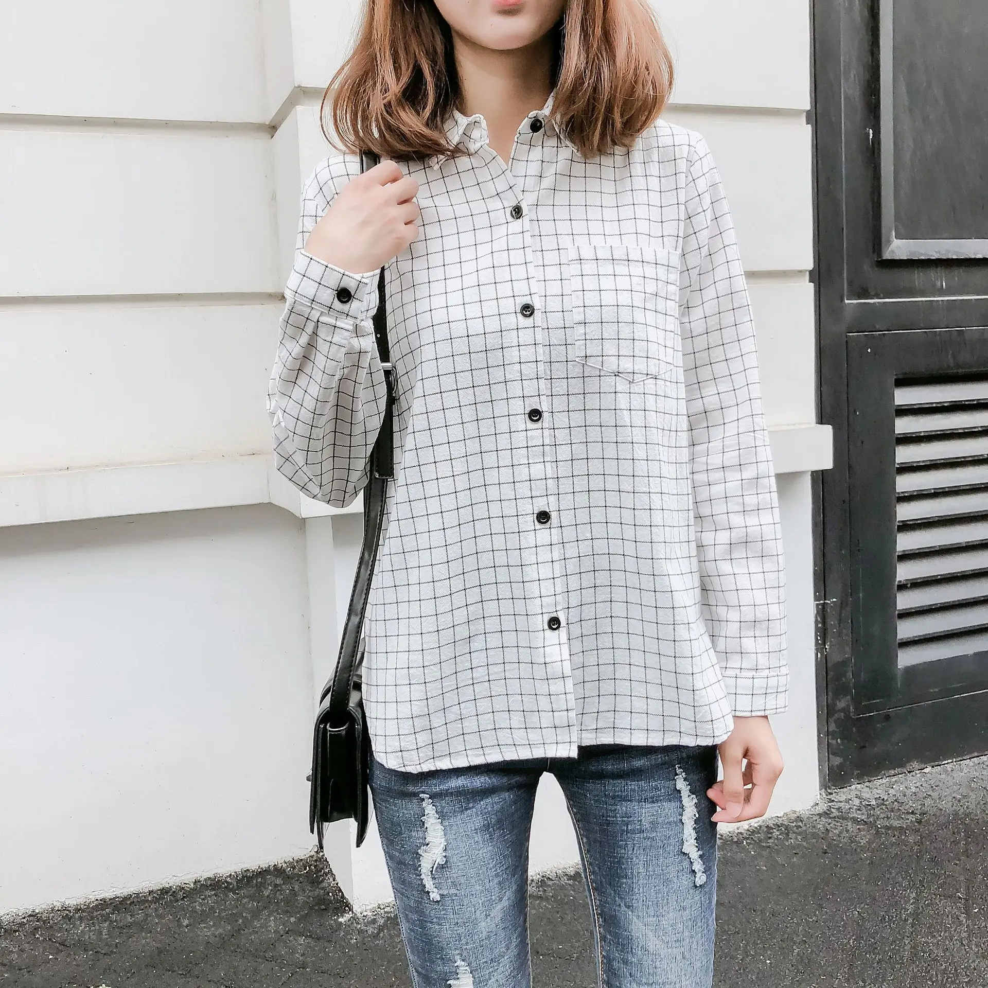 Fekeha Camisas Femininas Xadrez 2020 Outono Manga Comprida Botas Blusas De Bolso Escritório Camisa Senhora Algodão Verificado c | Женская