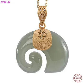 

BOCAI S925 pure silver pendant natural Hetan jade personality small elephant temperament lady Thai silver Pendant with chain