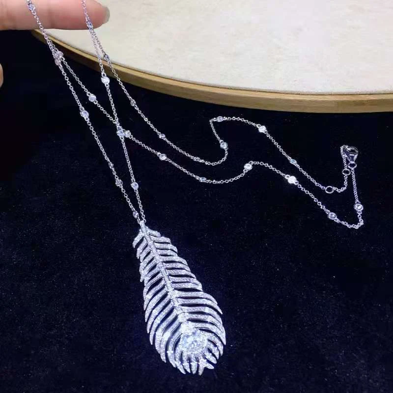 

high quality 925 sterling silver with cubic zircon feather pendant necklace long chain fine women jewelry free shipping