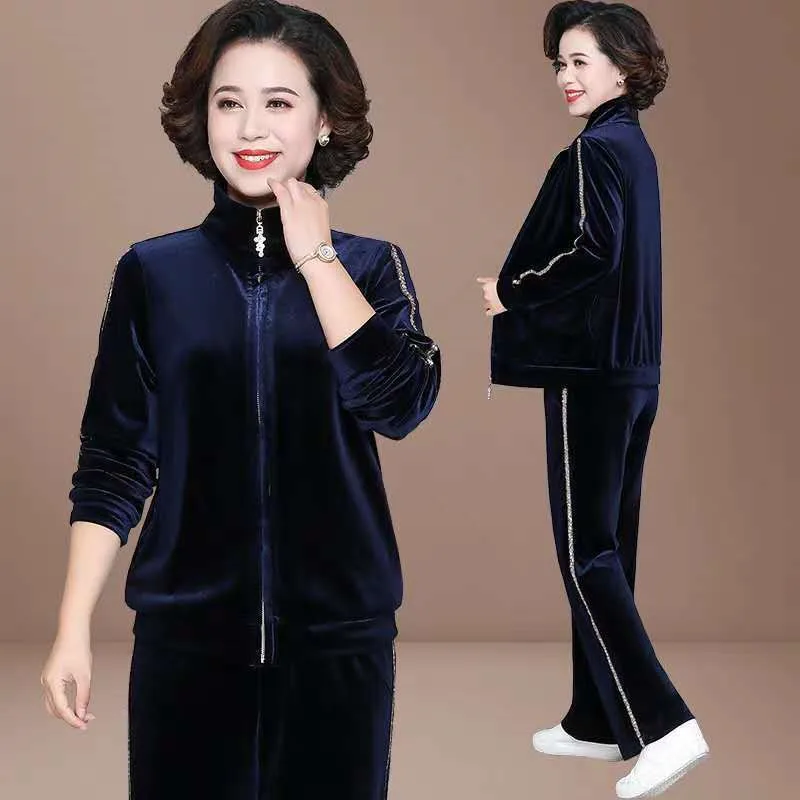 패션 엄마 벨벳 Tracksuit 여성 벨벳 운동복 2 조각 세트 봄 가을 캐주얼 지퍼 자켓과 바지 정장 4XL 블랙 네이비