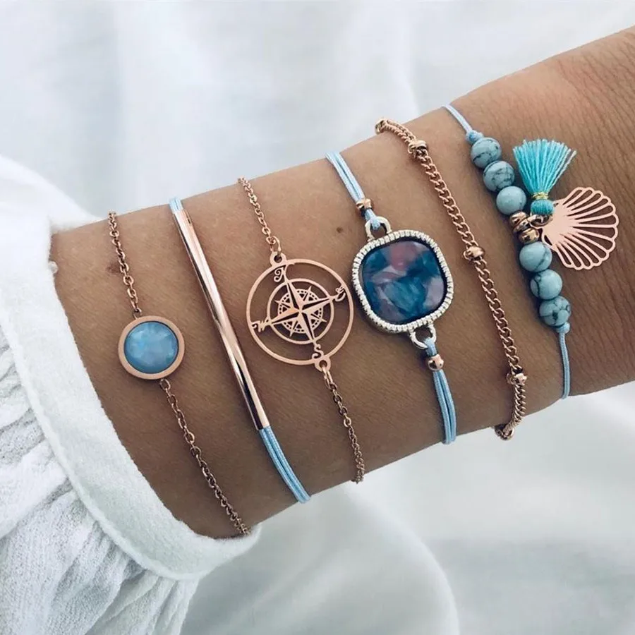 DIEZI винтажная Золотая цепь звено браслет наборы для женщин Boho эффектный Небесно-Голубой океан Цвет компас браслеты с кисточкой ювелирные изделия