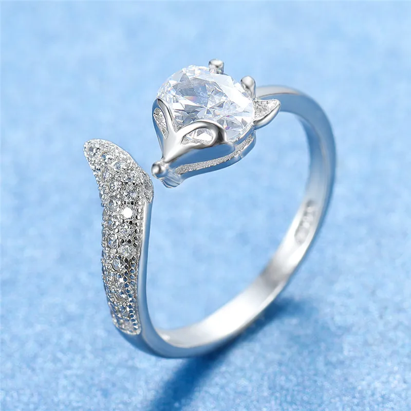 Silver Минималистичное женское регулируемое кольцо с маленькой лисой, милое 925 серебряное красное Кристальное кольцо на палец, модные обещанные обручальные кольца для женщин - Цвет основного камня: Silver