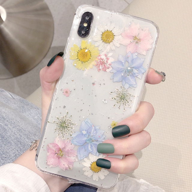 Glitter Real Dry Pressed Flower Phone Case For iphone 12 11 13 pro XS MAX x SE XR 7 8 plus Transparent Silicone Cover