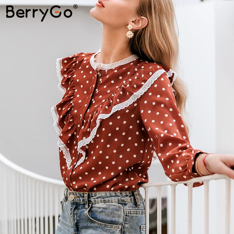 BerryGo, винтажная блузка в горошек, рубашка для женщин, весна-лето, длинный рукав, кружевной топ, элегантная рабочая одежда, повседневная женская рубашка, топ, блузы
