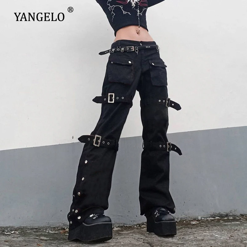 Yangelo Y2K Punk Black Buckle Pants Harajuku High Waist Big Pocket Trousers Goth Mall Grunge Cargo Pants Techwear Women 1