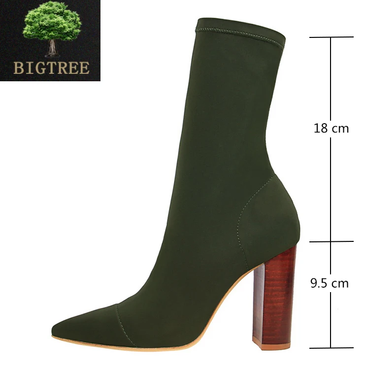 BIGTREE/модные ботинки на высоком каблуке; botas mujer; ботинки на резиновой подошве; выразительные слипоны; женская обувь с острым носком на квадратном каблуке; zapatos mujer;