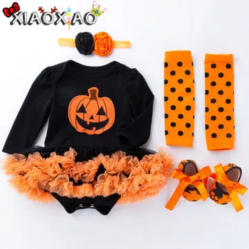 pumpkin1 4 предмета в комплекте, детские костюмы на Хэллоуин с принтом костюм тыквы призрачная летучая мышь для маленьких девочек Комбинезон, повязка на голову, хлопковые носки для детей; обувь для отдыха Детские костюмы косплей - Цвет: pumpkin1