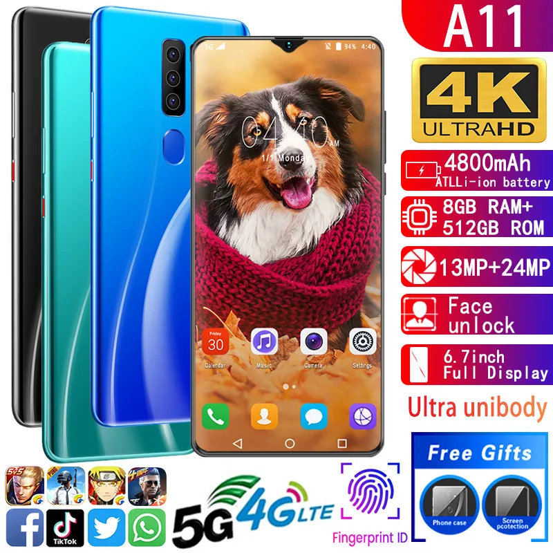 Mobile phone A11 Unlocked cell phones MTK6799 Cell phones Deca core 6.7inch cellphone 1440*3040 Smartphone 8GB+512GB 13MP+24MP