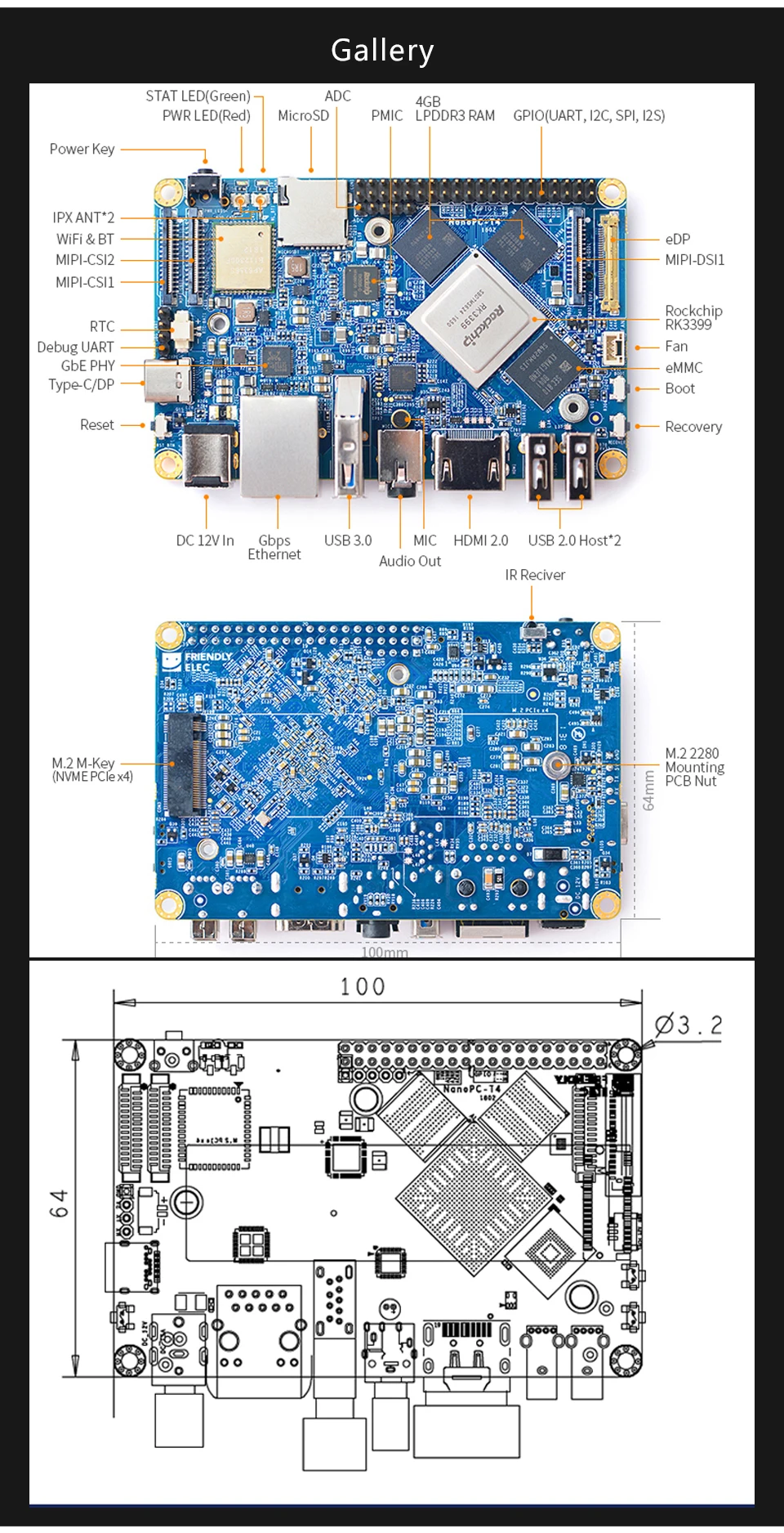 FriendlyELE NanoPC-T4 HD702E Rockchip RK3399 Cortex-A72 Cortex-A53 VR AI OpenCV TensorFlow MIPIDual band wifi M.2PC EC20 4G EMMC