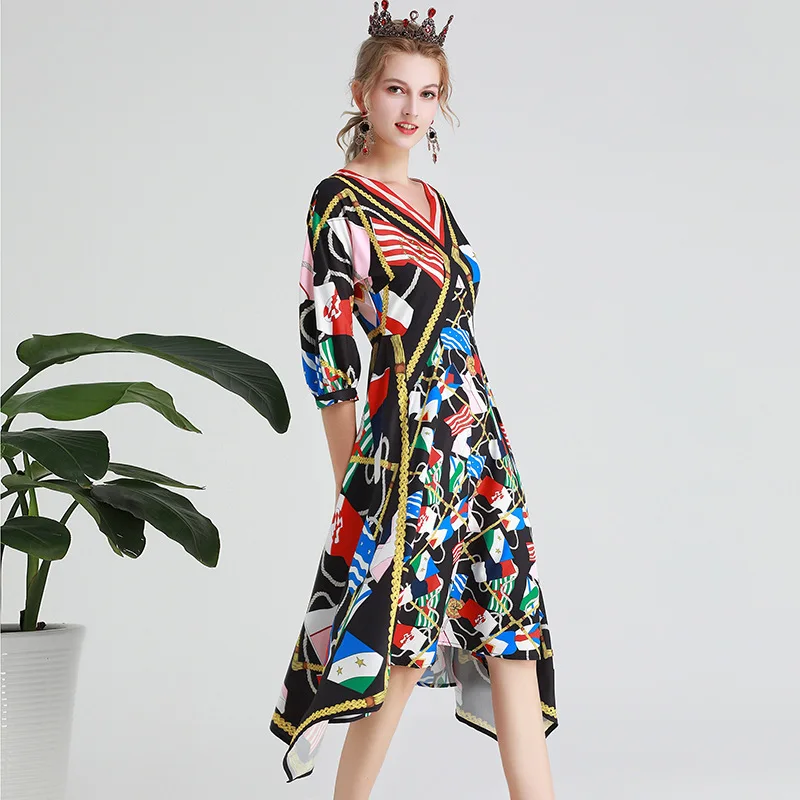 HUAYIMENGYI Sexy Summer Three Quarter Sleeve Print Black Dresses V Neck Elegant Casual Women Middle Irregularity Party Dress