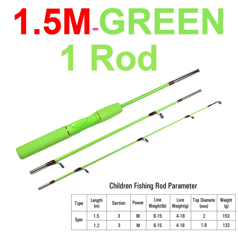 1.5m green 1,2 м/1,5 м, Детская удочка, приманка, спиннинговое удилище для мальчиков и девочек, детские рыболовные удочки розового и зеленого цвета, походные уличные рыболовные снасти - Цвет: 1.5m green