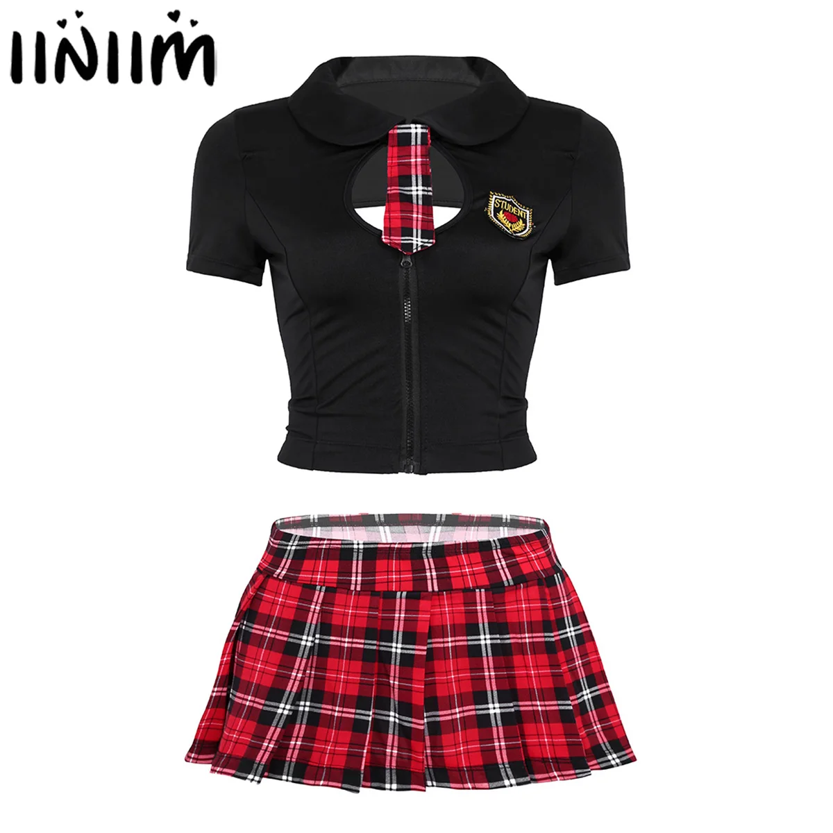 

4Pcs Women Adutls School Students Cosplay Sexy Costume Turn-down Collar Back Lace Up Top Plaid Pleated Mini Skirt with G-string