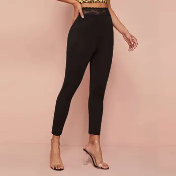 

Women Autumn Plain Cotton Leggings with Hem Lace Skinny Ladies Casual Trousers