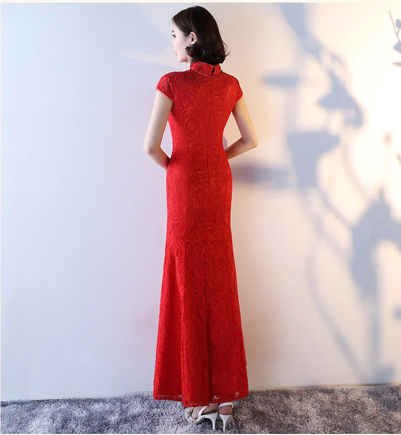 Красное женское традиционное платье чонсам, сексуальное свадебное Qipao, кружевное платье с вышивкой, китайское восточное платье, Vestidos Formales, длинное QiPao