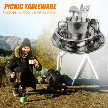 

Hot Sale Outdoor Tableware Delicate Design Stainless Steel Plate Bowel Cup Folding Spoon Fork Knife Tableware Picnic Tools