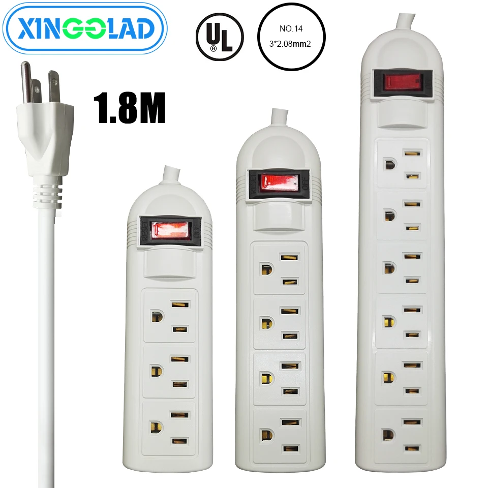 

US American Plug Power Strip Switch 3/4/6 AC Outlets Cable 1.8M Extension Socket Cord Surge Protector UL Certification 15A 125V