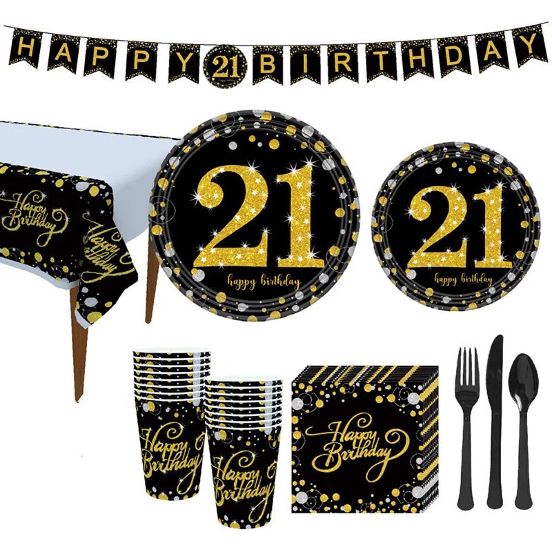 Золотые свечи в форме букв Одноразовые черные бумажные салфетки чашки тарелки флаг для 21 30 40 50 60 лет набор посуды вечерние Декор