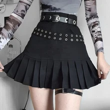 

Sunny y.j. Korean Fashion High Waist Pleated Skirts Womens Dark Academia Patchwork Eyelet Preppy Style Black A Line Goth Skirt