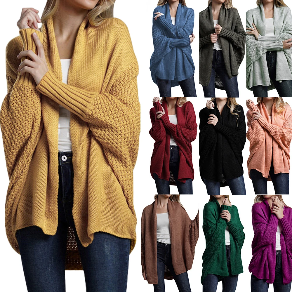 Oversized Knitted trench coat cardigan female clothes patchwork batwing